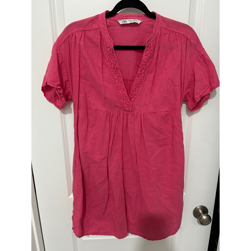 ZARA Pink Embroidered V Neck‎ Short Sleeve Tunic Dress Women's XS